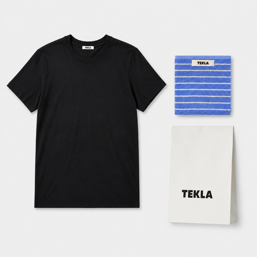 TEKLA テクラ 半袖Tシャツ・タオルセット（Black・Clear Blue Stripes