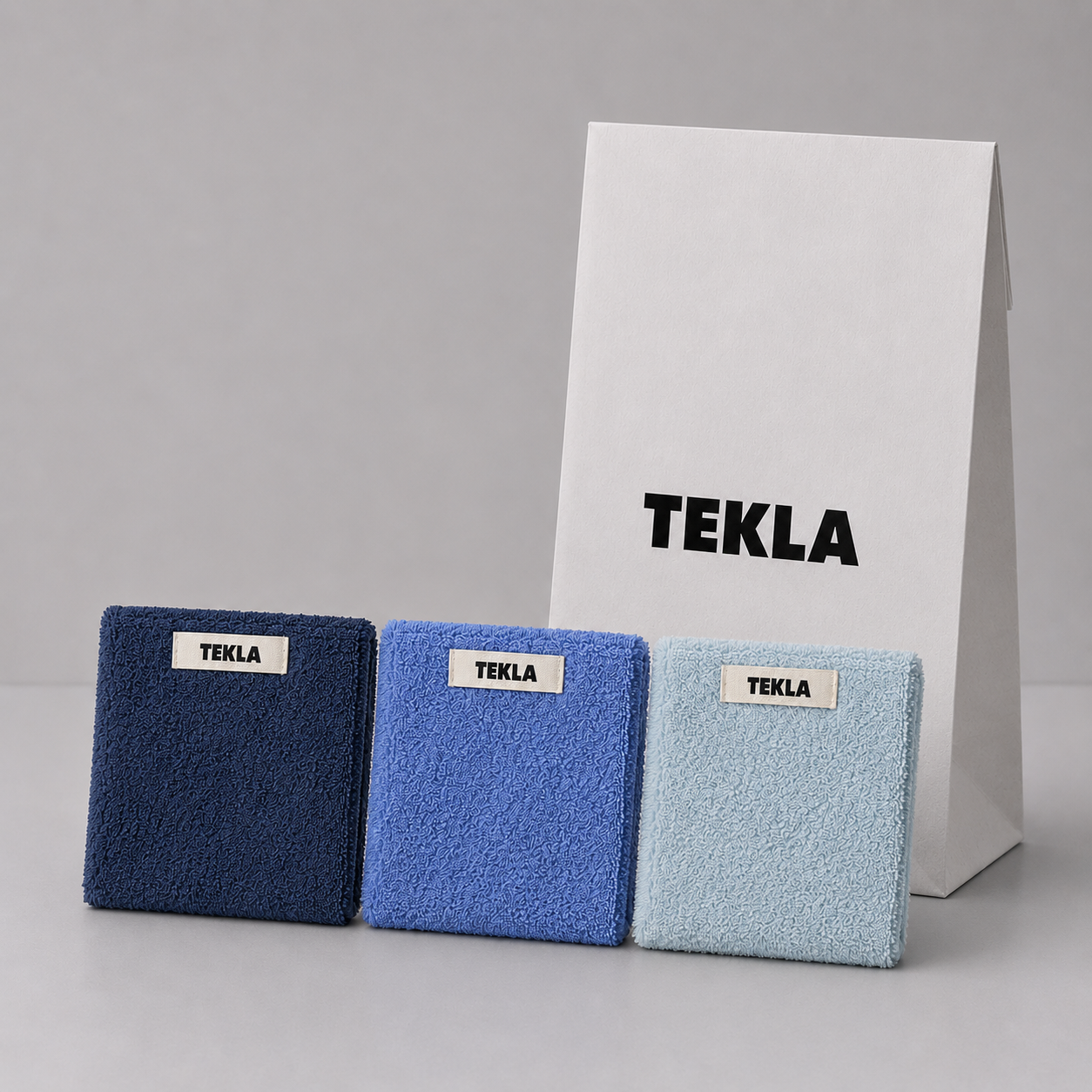 美品　TEKLA セットアップ TEKLA テクラ ハンドタオル3枚セット 30×30（Navy・Clear Blue・Sky